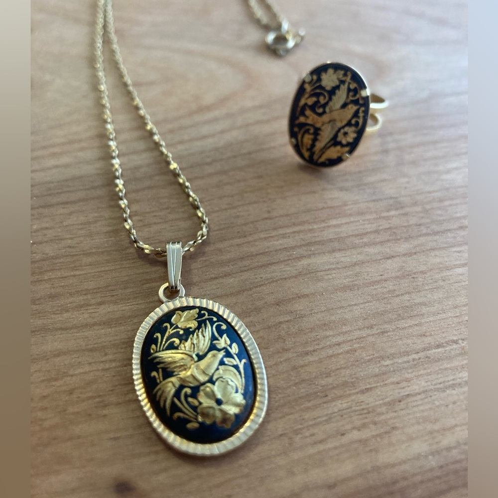 Vintage Damascene Renaissance Motif Gold Plated Necklace & Matching Ring